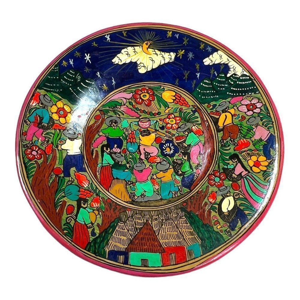 Vintage Mexico Storyteller Hand Painted Wall Hanging Plate 9.5" Folk Art Color